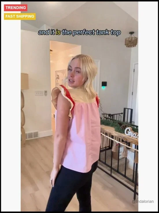 100% Cotton V-Neck Blouse Loose Fit Ruffle Color Block Tank Top - Picture 7 of 7